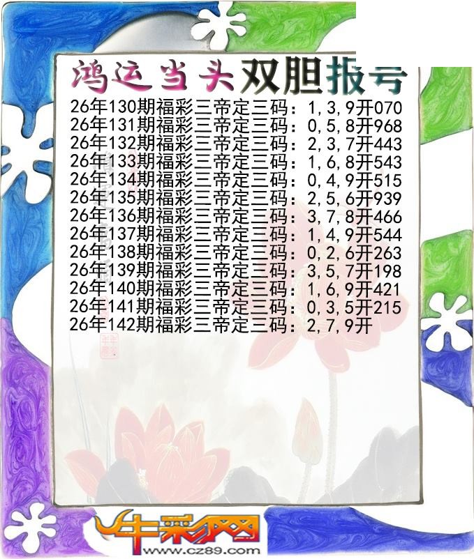 鸿运当头双胆报号142期体彩P3图谜